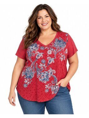 Style & Co Tunic Top Women's 0X Red Paisley Floral Boho V-Neck Short Sleeve Tee